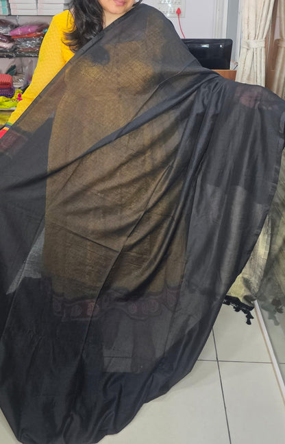 Khadi Plain Zari Pallu Saree Black 01