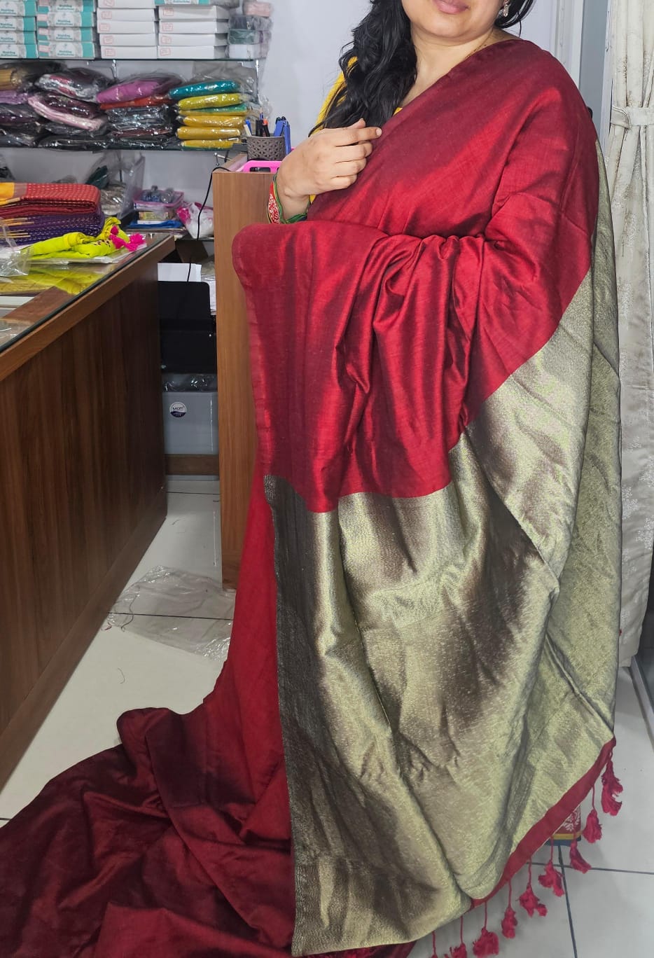 Khadi Plain Zari Pallu Saree Maroon 03