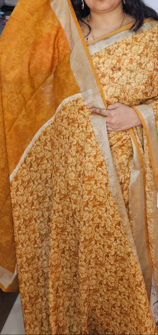 Brown with silver zari border Linen digital print saree