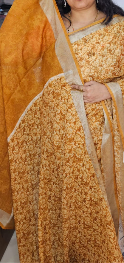 Brown with silver zari border Linen digital print saree