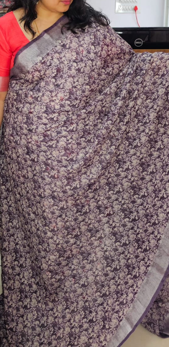 Purple silver zari border Linen digital print saree
