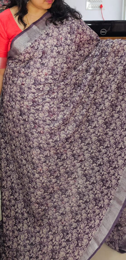 Purple silver zari border Linen digital print saree