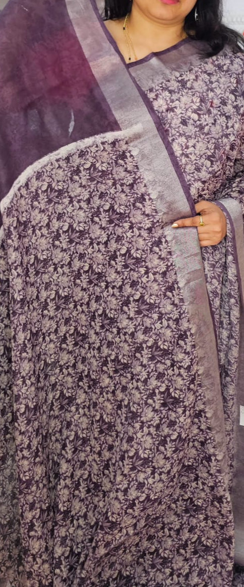 Purple silver zari border Linen digital print saree