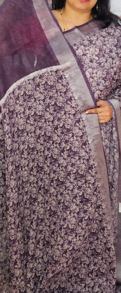 Purple silver zari border Linen digital print saree