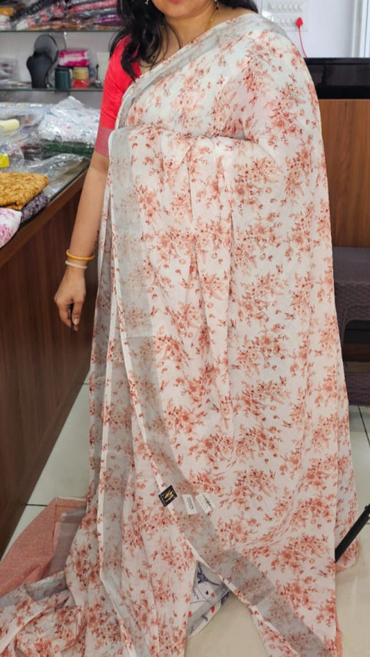 Light brown flower design Linen digital print saree