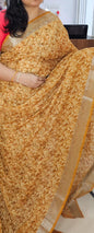 Brown with silver zari border Linen digital print saree