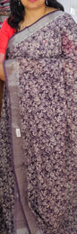Purple silver zari border Linen digital print saree