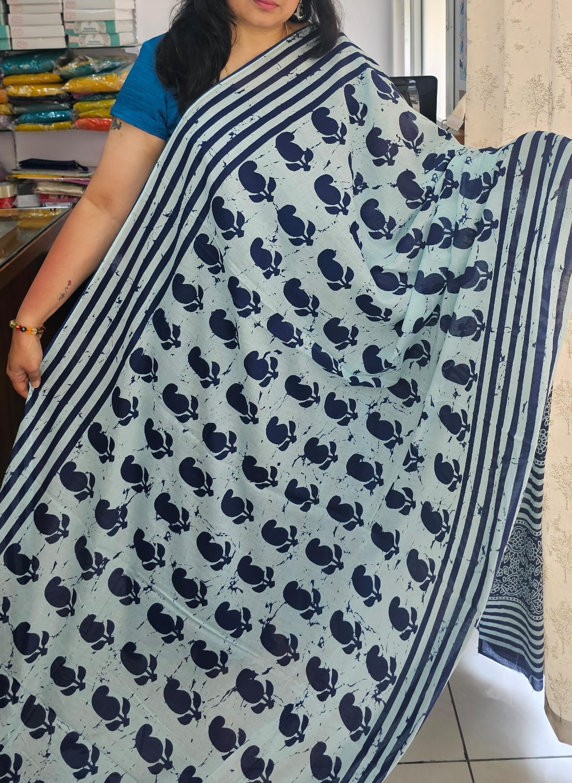 Blue mango design Mul cotton saree