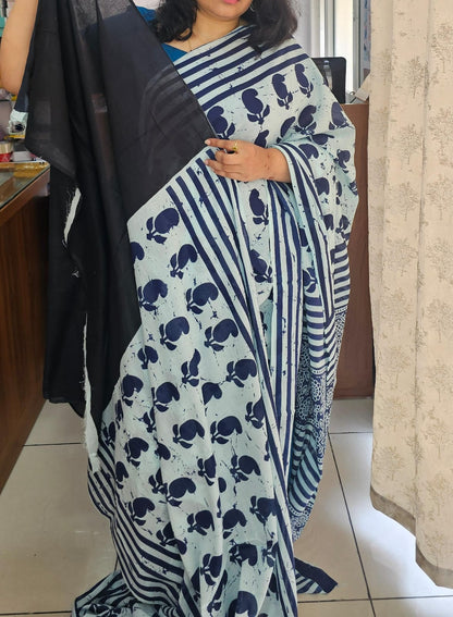 Blue mango design Mul cotton saree