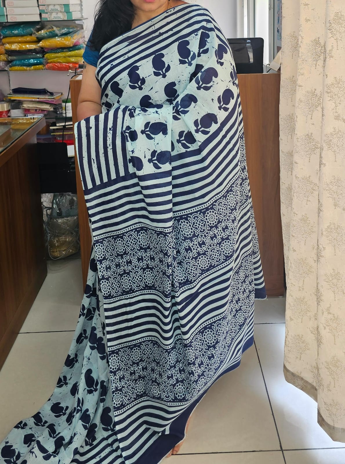 Blue mango design Mul cotton saree