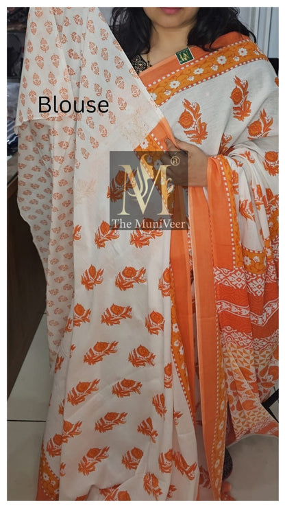 Orange & white Mul cotton saree with floral print