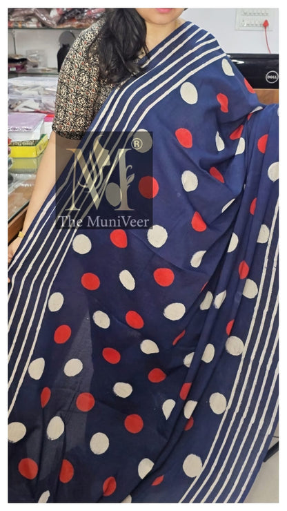 Blue with Polka dot design Mul cotton premium saree