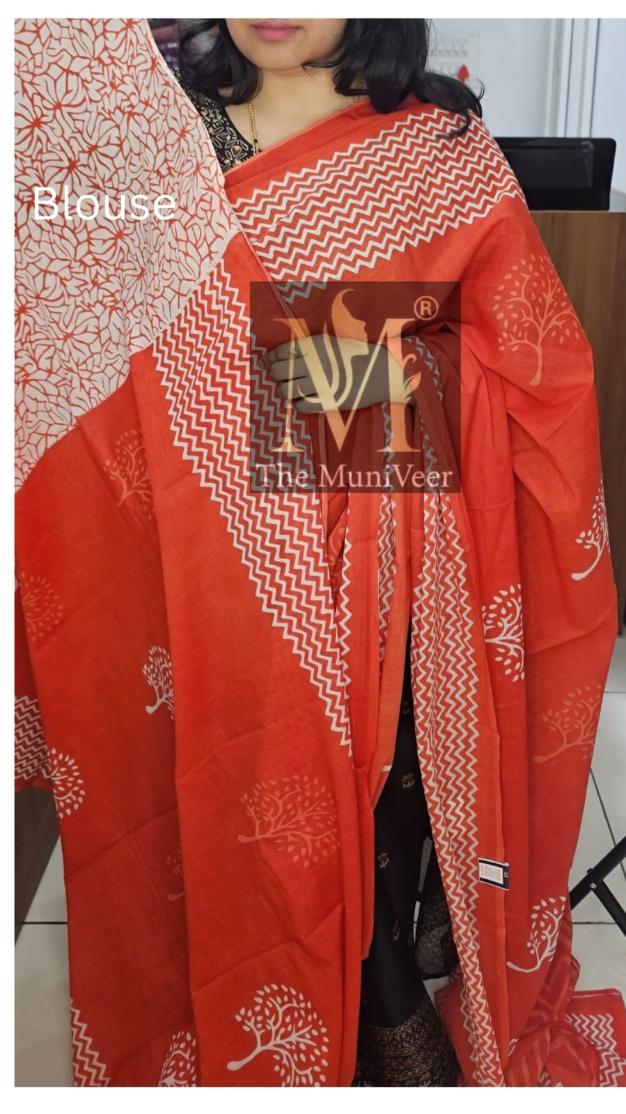 Red & white Mul cotton saree with tree prints