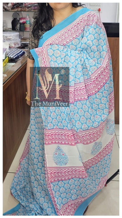 Blue & pink Mul cotton with flower print
