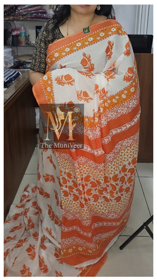 Orange & white Mul cotton saree with floral print