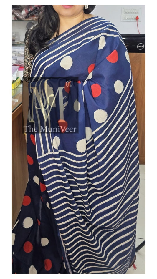 Blue with Polka dot design Mul cotton premium saree