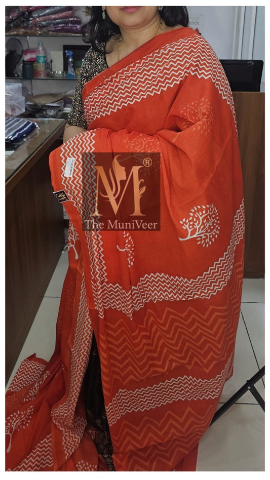 Red & white Mul cotton saree with tree prints