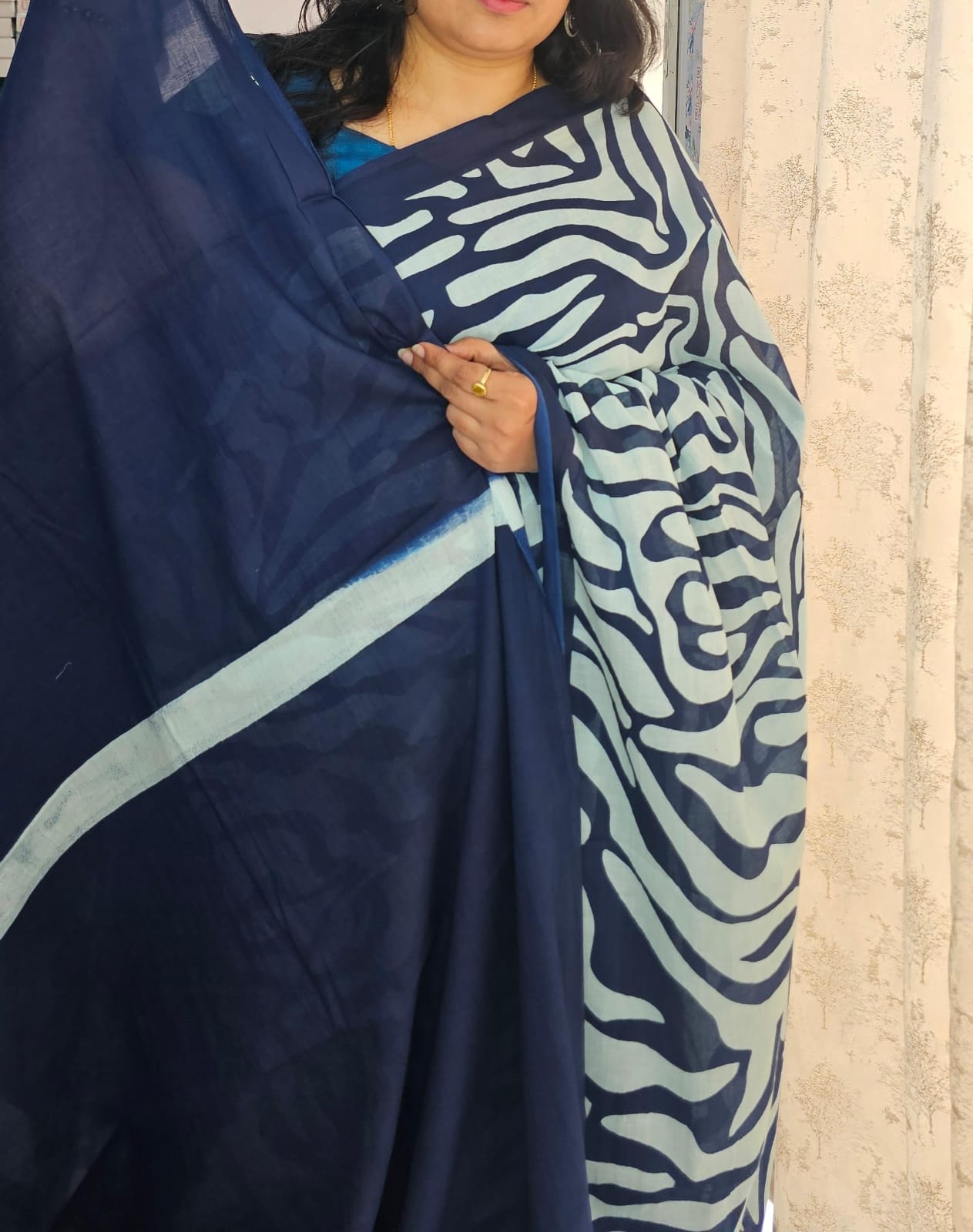 Navy blue half plain Mul cotton saree