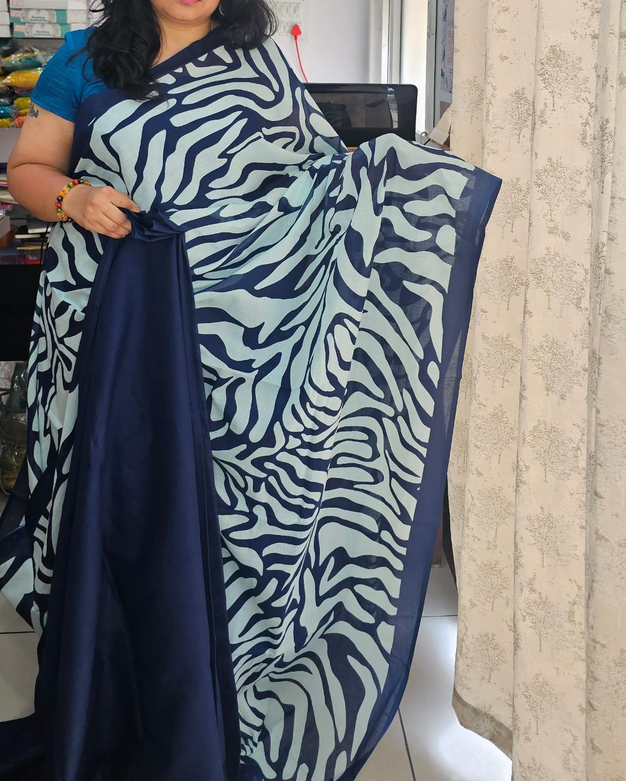 Navy blue half plain Mul cotton saree