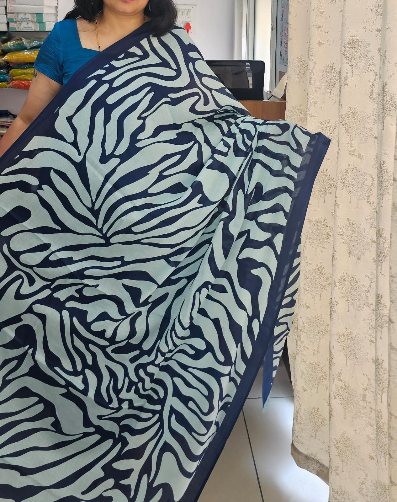 Navy blue half plain Mul cotton saree