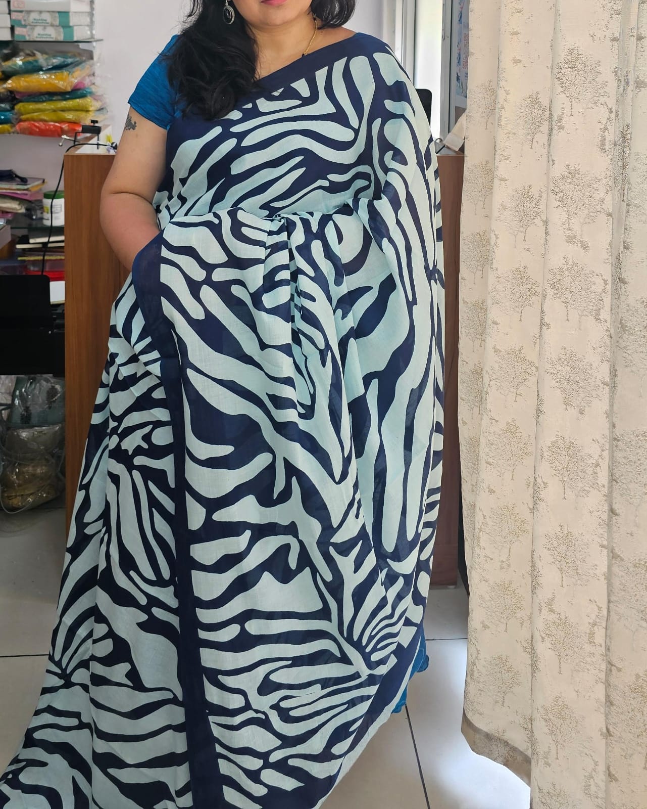 Navy blue half plain Mul cotton saree