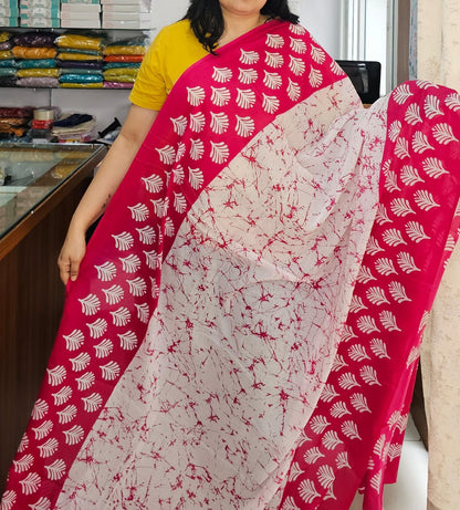 White and Pink Leaves design Mul Cotton Saree 06