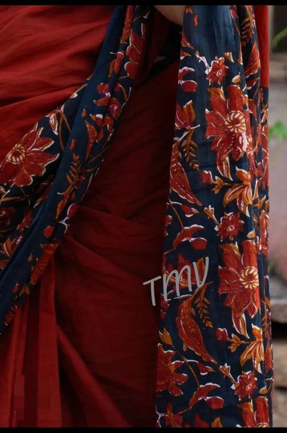 Brick red & black flower design Mul cotton saree
